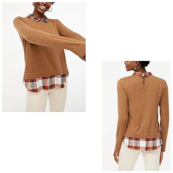 J Crew Sweater Tartan Plaid Collar Tan Brown 100% Cotton Pullover - Picture 1 of 9